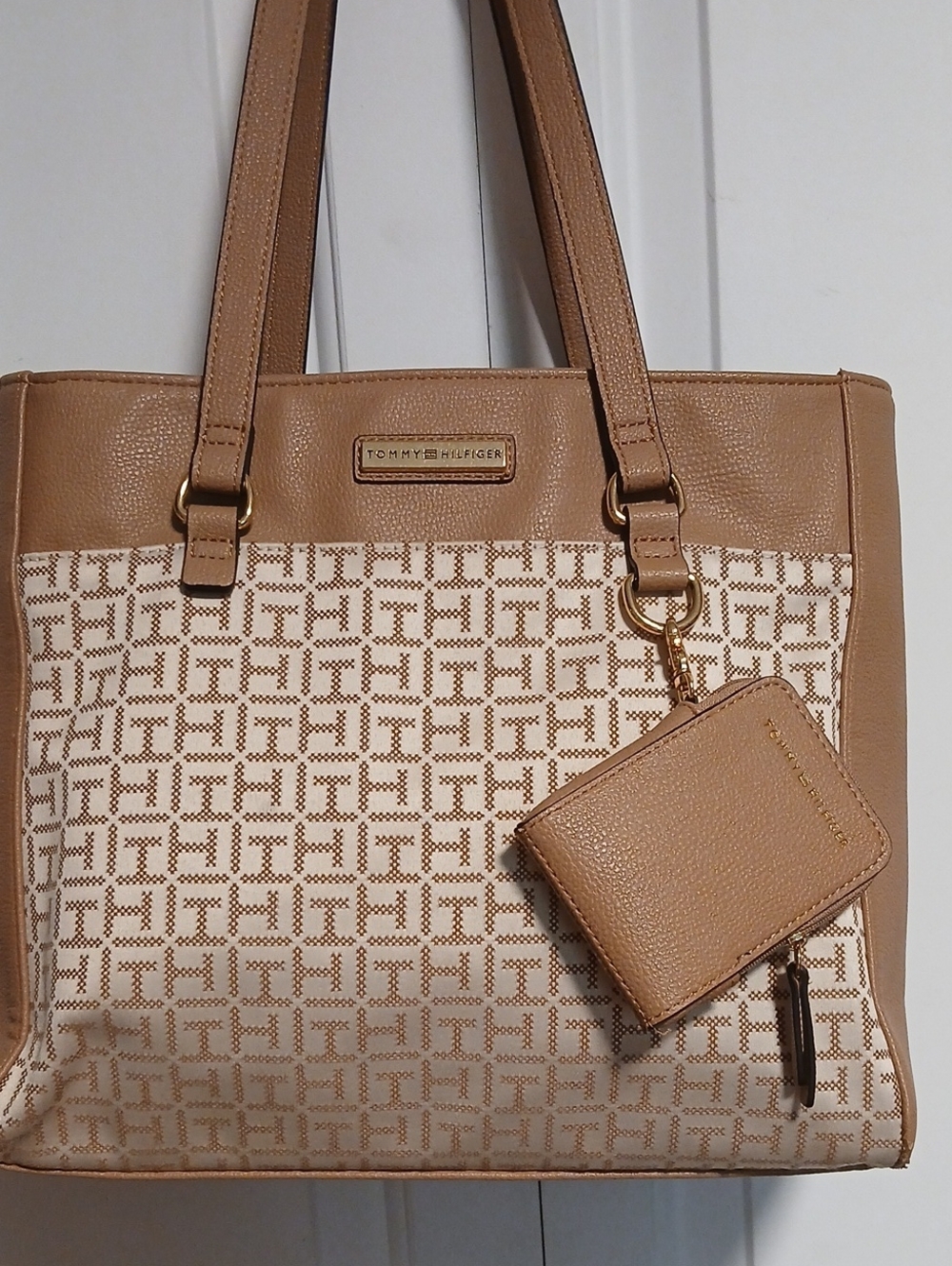 Tommy Hilfiger Beige Tan Logo-Panel Tote with Removable Pouch